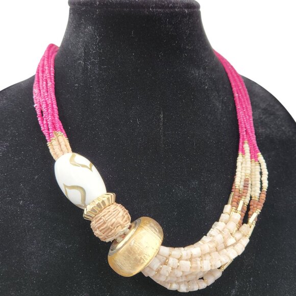 Chico's Multistrand Beaded Necklace With Gold Accents & Pink Rope Detailing - Picture 1 of 11